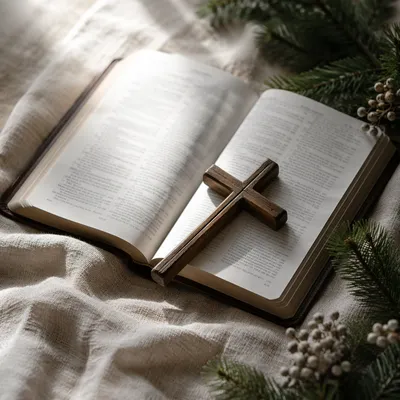Open Bible with Wooden Cross and Evergreen