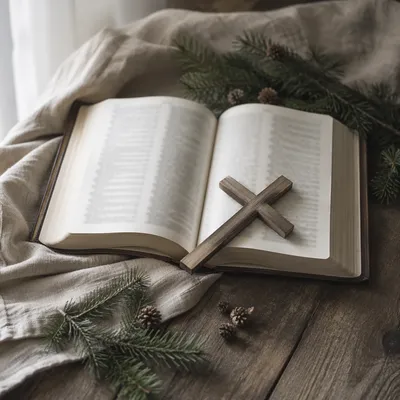Bible and Wooden Cross on Linen
