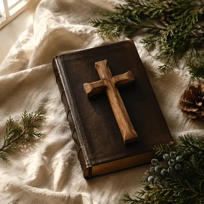 Bible and Wooden Cross on Linen