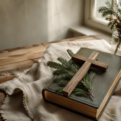 Bible and Wooden Cross on Linen