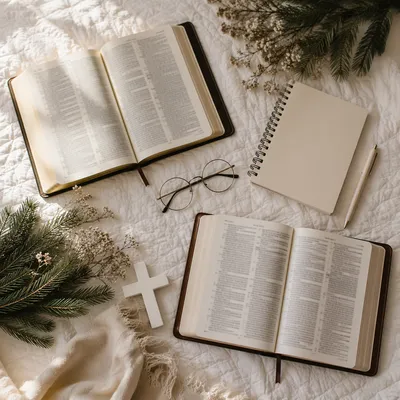 Open Bibles and Cross on Linen