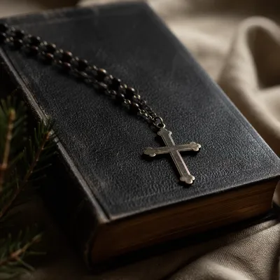 Bible and Cross on Linen Cloth