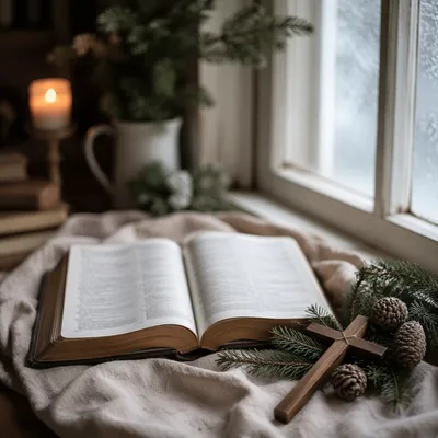 Open Bible and Wooden Cross on Linen