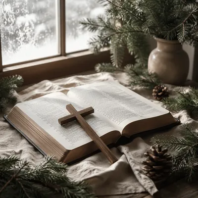 Bible and Wooden Cross on Linen