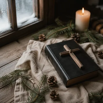Bible and Wooden Cross on Linen