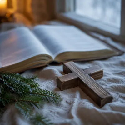 Open Bible and Cross on Winter Linen