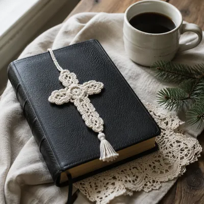 Bible with Crocheted Cross on Linen