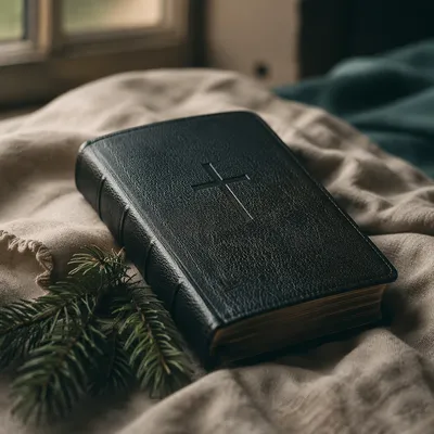 Bible with Cross on Linen Cloth