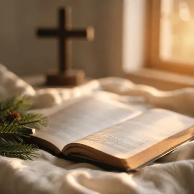 Open Bible with Cross and Evergreen