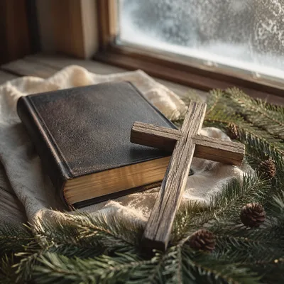 Bible and Cross on Winter Linen