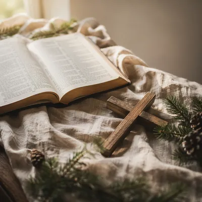 Open Bible and Wooden Cross on Linen