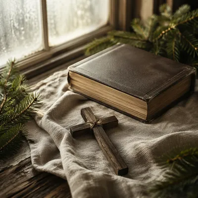 Bible and Wooden Cross with Evergreen Sprigs