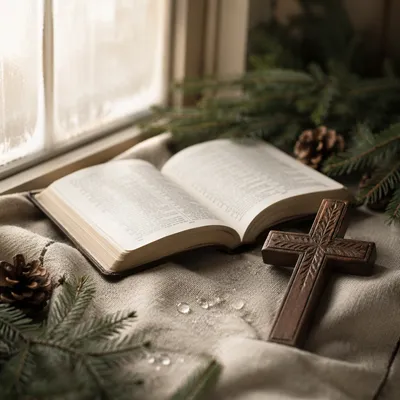Open Bible and Wooden Cross on Linen