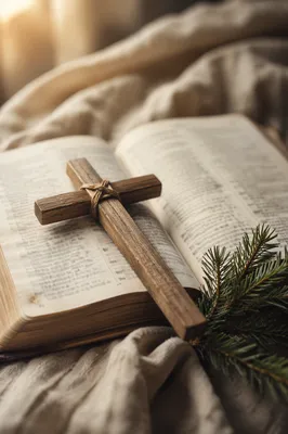 Open Bible with Wooden Cross on Linen
