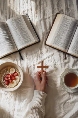 Morning Devotion with Bibles and Wooden Cross