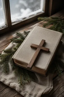 Bible and Cross on Evergreen Linen