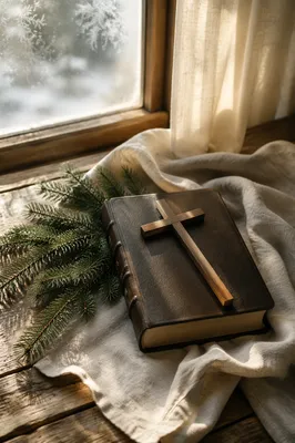 Bible and Wooden Cross on Linen
