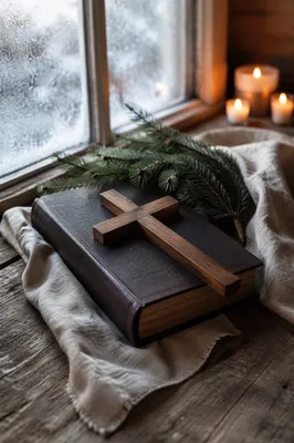 Bible and Wooden Cross on Linen