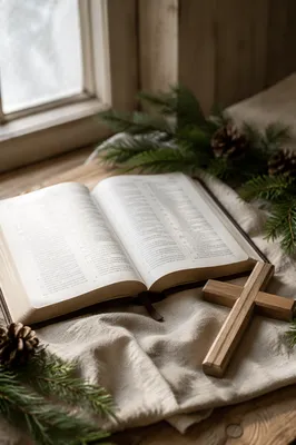 Open Bible and Wooden Cross on Linen