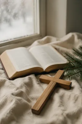 Open Bible with Wooden Cross on Linen