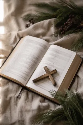Open Bible with Wooden Cross and Evergreen