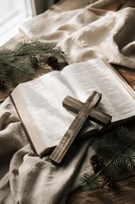 Open Bible and Wooden Cross with Evergreens
