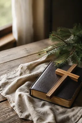 Bible and Wooden Cross on Linen