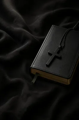 Black Bible and Cross on Linen