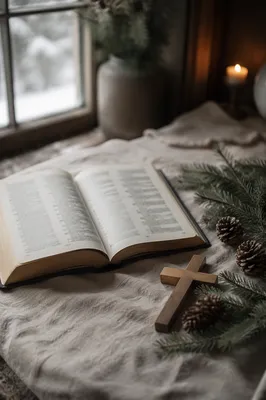 Open Bible and Wooden Cross on Linen