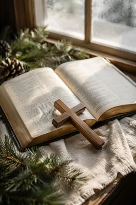 Open Bible and Wooden Cross on Linen