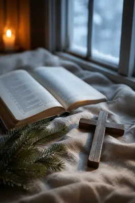Open Bible with Wooden Cross and Evergreen