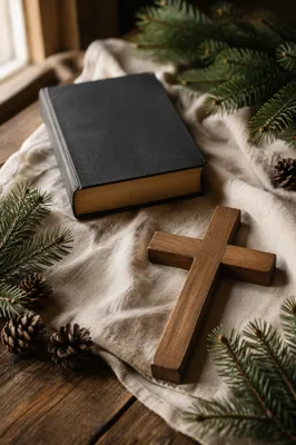 Bible and Wooden Cross on Evergreen Linen