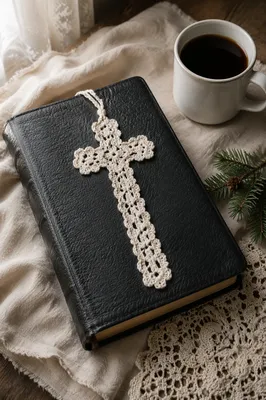 Bible With Crocheted Cross on Cream Linen