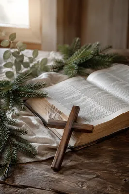 Open Bible with Wooden Cross and Evergreen