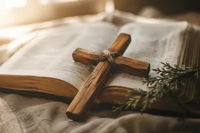 Open Bible with Wooden Cross on Linen