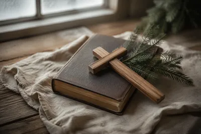 Bible and Wooden Cross on Linen