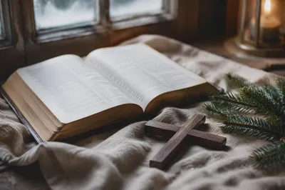 Open Bible with Cross and Evergreen
