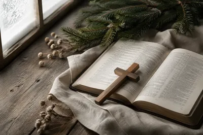 Bible and Cross on Linen with Evergreens
