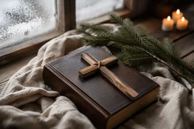 Bible and Wooden Cross on Linen