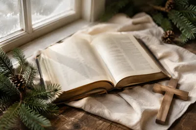 Open Bible and Wooden Cross on Linen