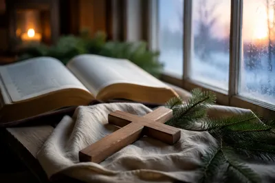 Wooden Cross Beside Bible on Linen