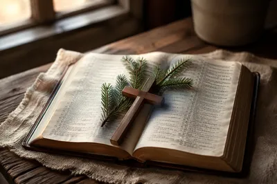 Open Bible with Wooden Cross and Evergreen