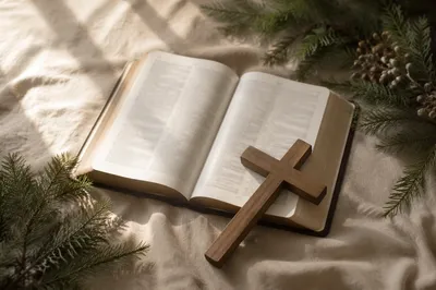 Open Bible with Wooden Cross and Evergreen