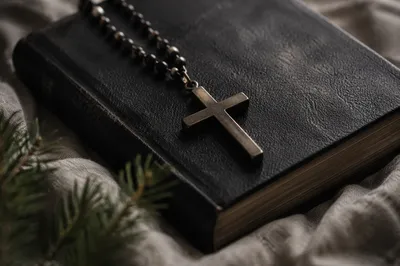 Bible and Cross on Linen Cloth