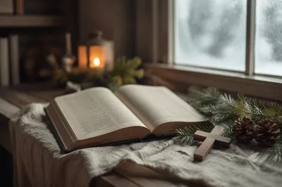 Open Bible and Wooden Cross on Linen