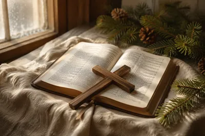 Open Bible with Wooden Cross and Evergreens