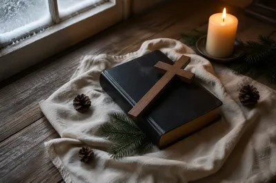 Bible and Wooden Cross on Linen