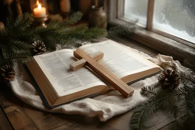 Open Bible and Wooden Cross on Linen