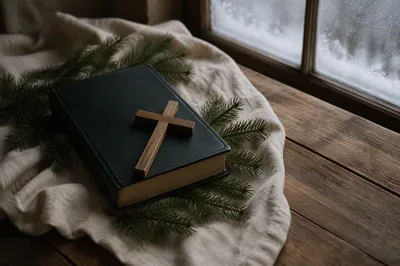 Bible and Wooden Cross on Evergreen Linen