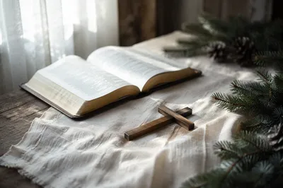 Open Bible and Wooden Cross on Linen